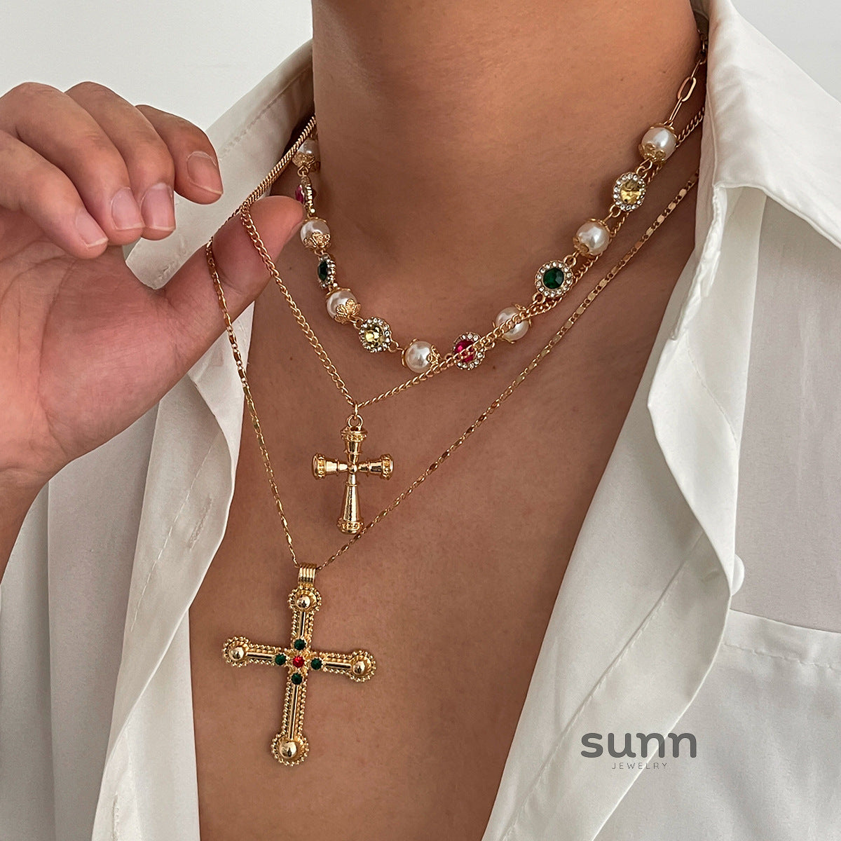 Kamia Diamond Pearl Cross Chain [LOMESU7U]