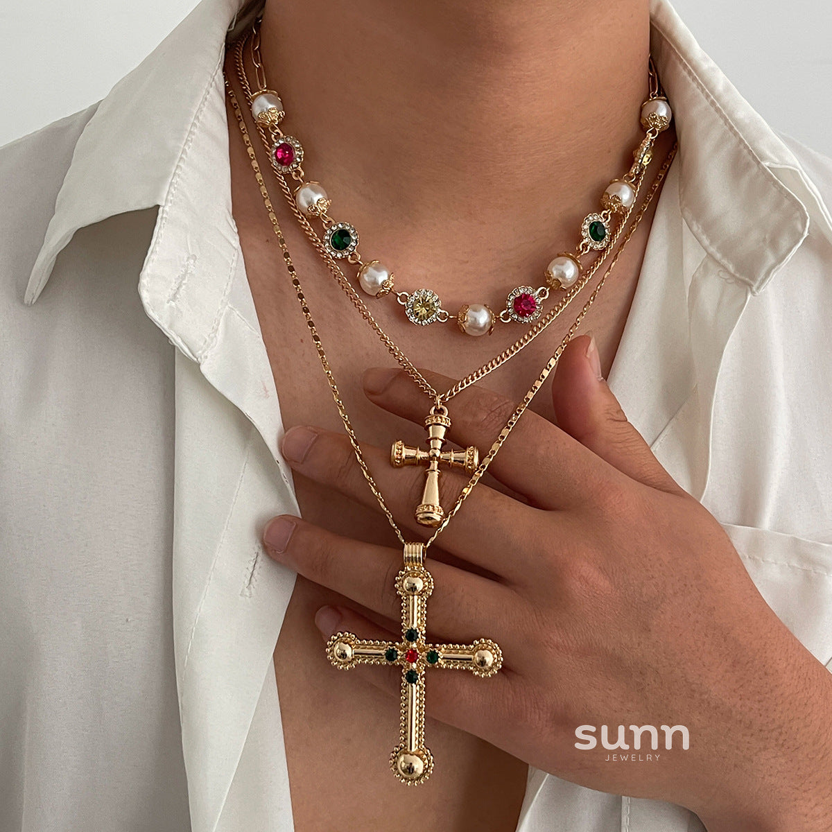 Kamia Diamond Pearl Cross Chain [VMZCK2AP]