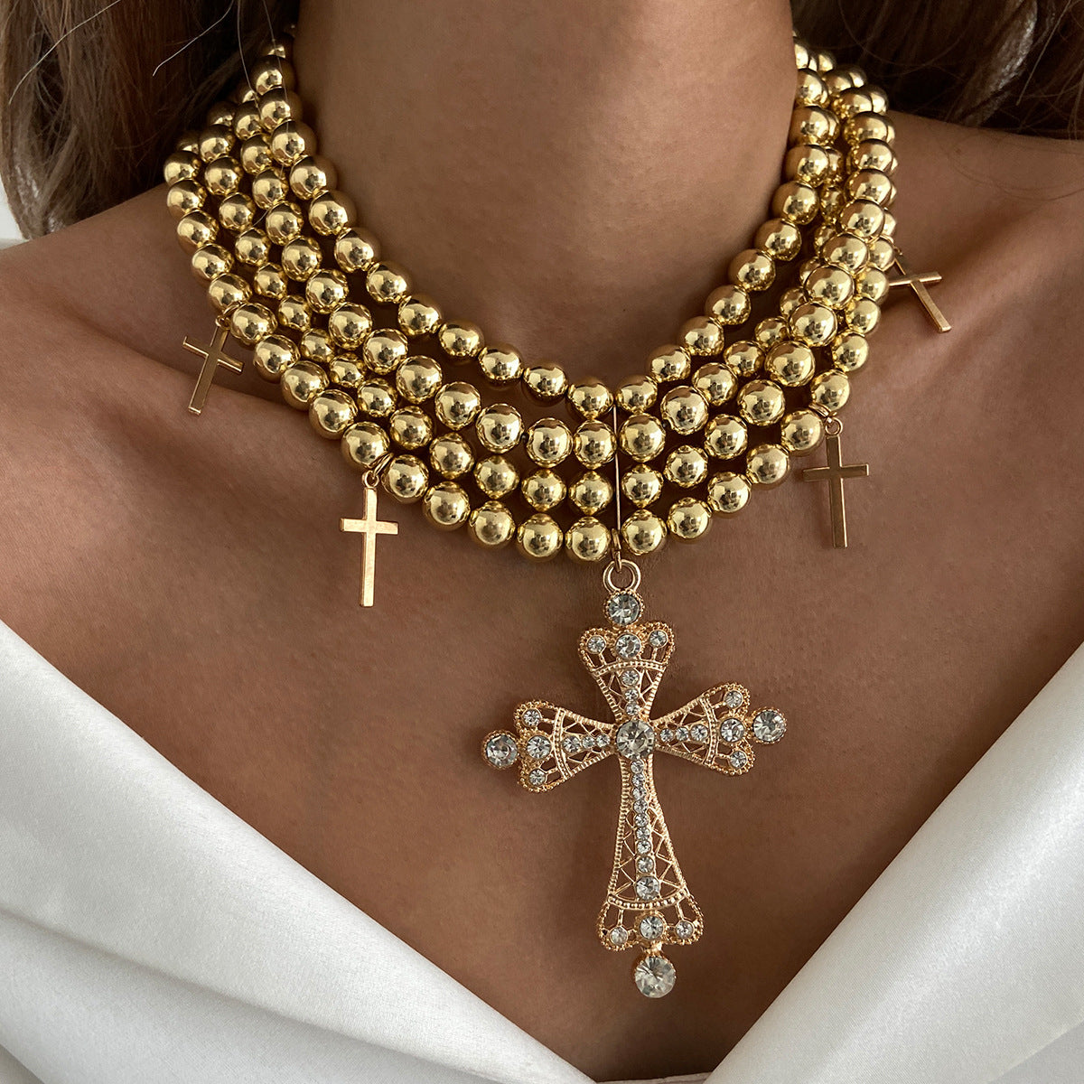 Karolyn Layered Beaded Cross Necklace [IZNOMLAZ]