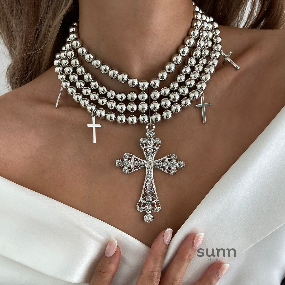Karolyn Layered Beaded Cross Necklace [5W4AO2WE]
