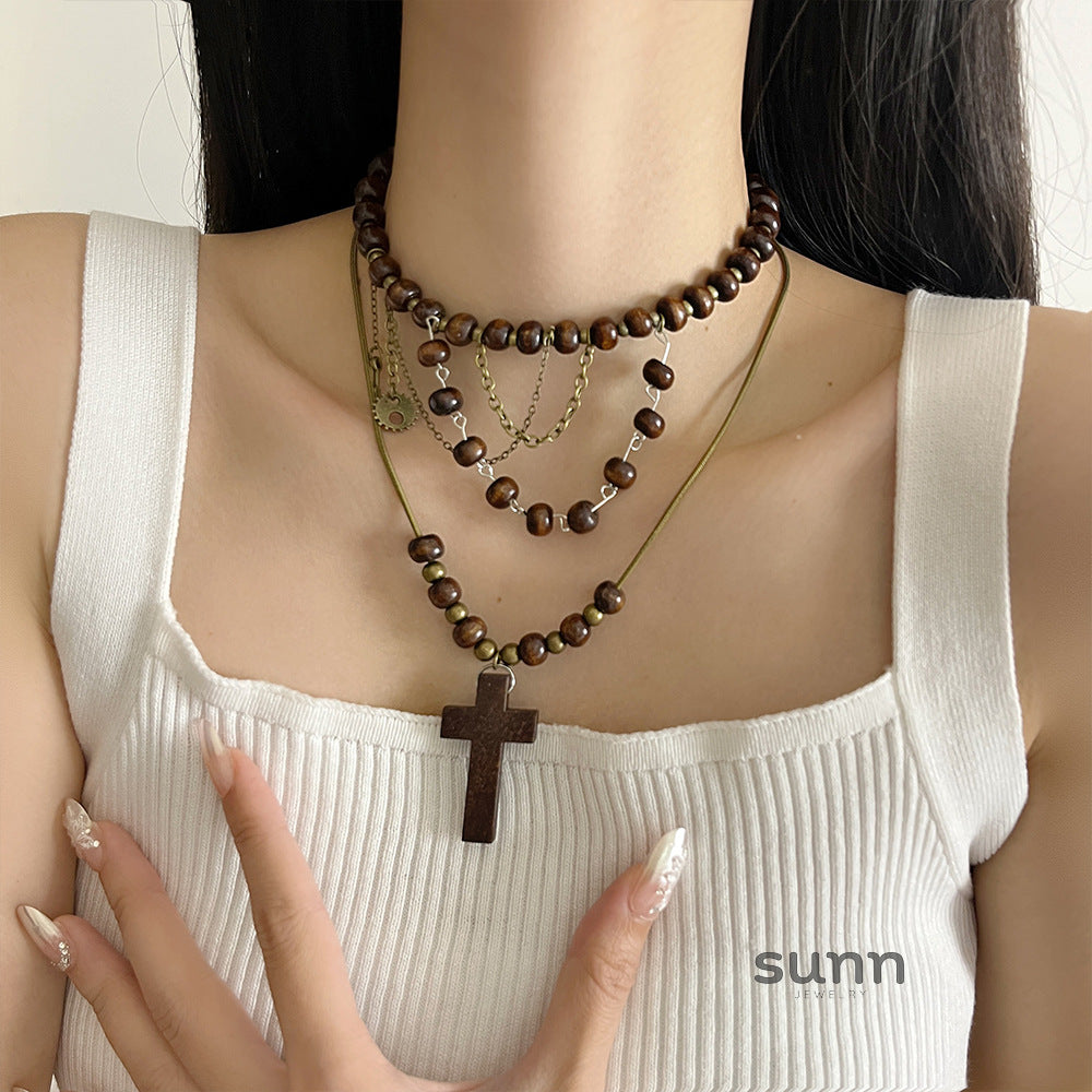 Karra Wood Bead Cross Necklace [2JXIHWW3]