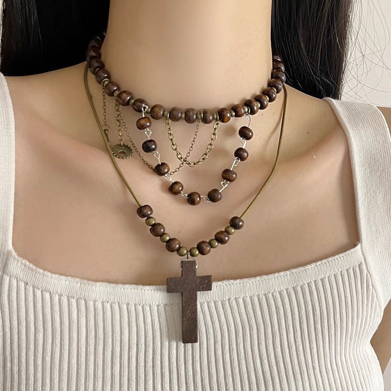 Karra Wood Bead Cross Necklace [1T692UUJ]
