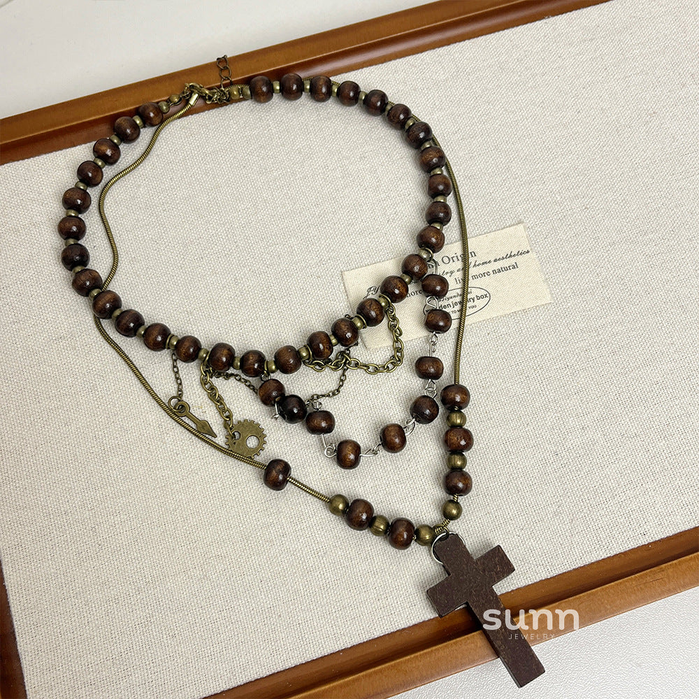 Karra Wood Bead Cross Necklace [FA742WEO]
