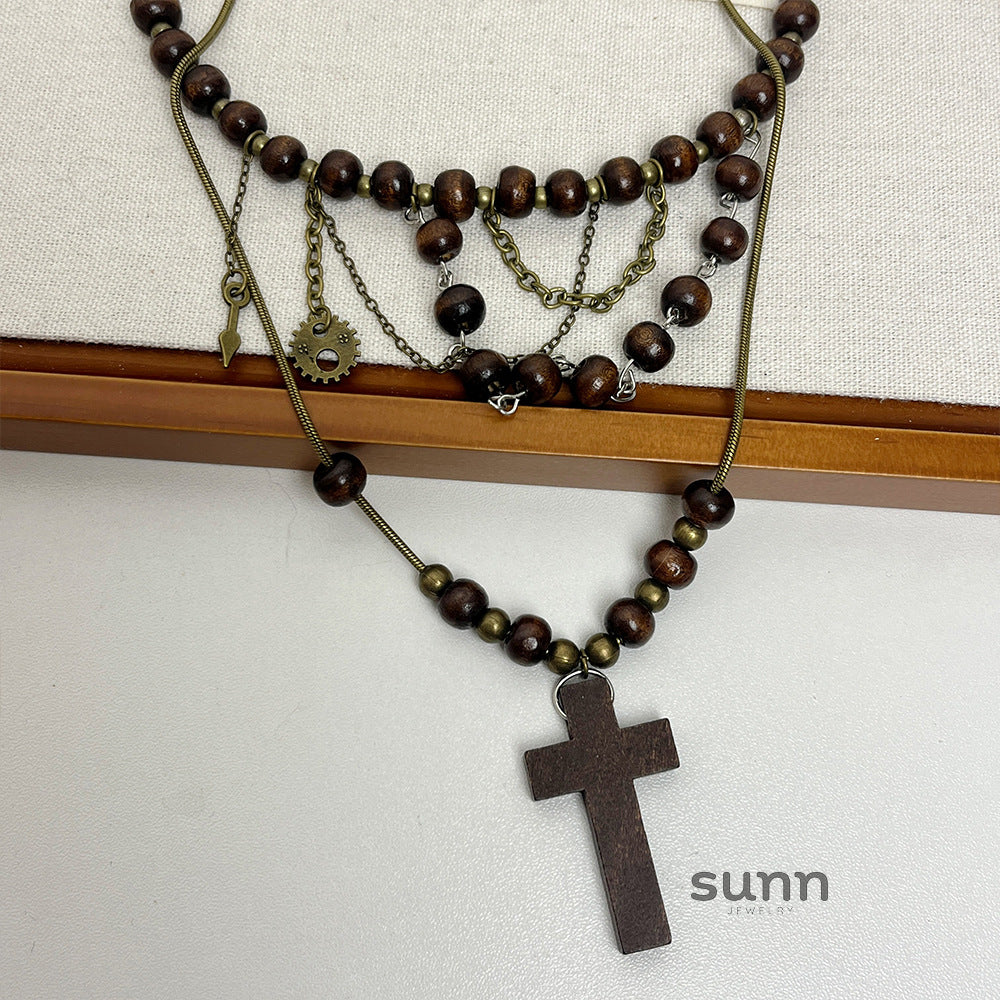 Karra Wood Bead Cross Necklace [VN01EYH0]