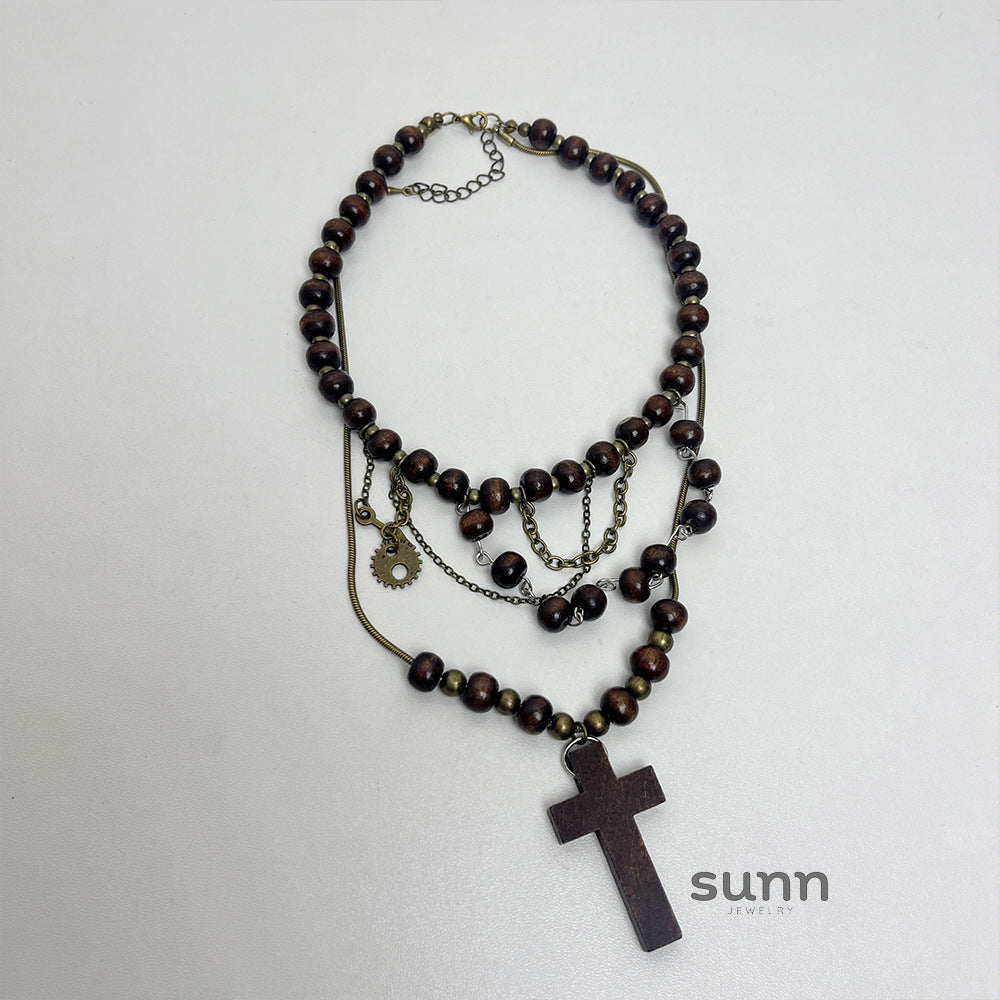 Karra Wood Bead Cross Necklace [4WWKXTFB]