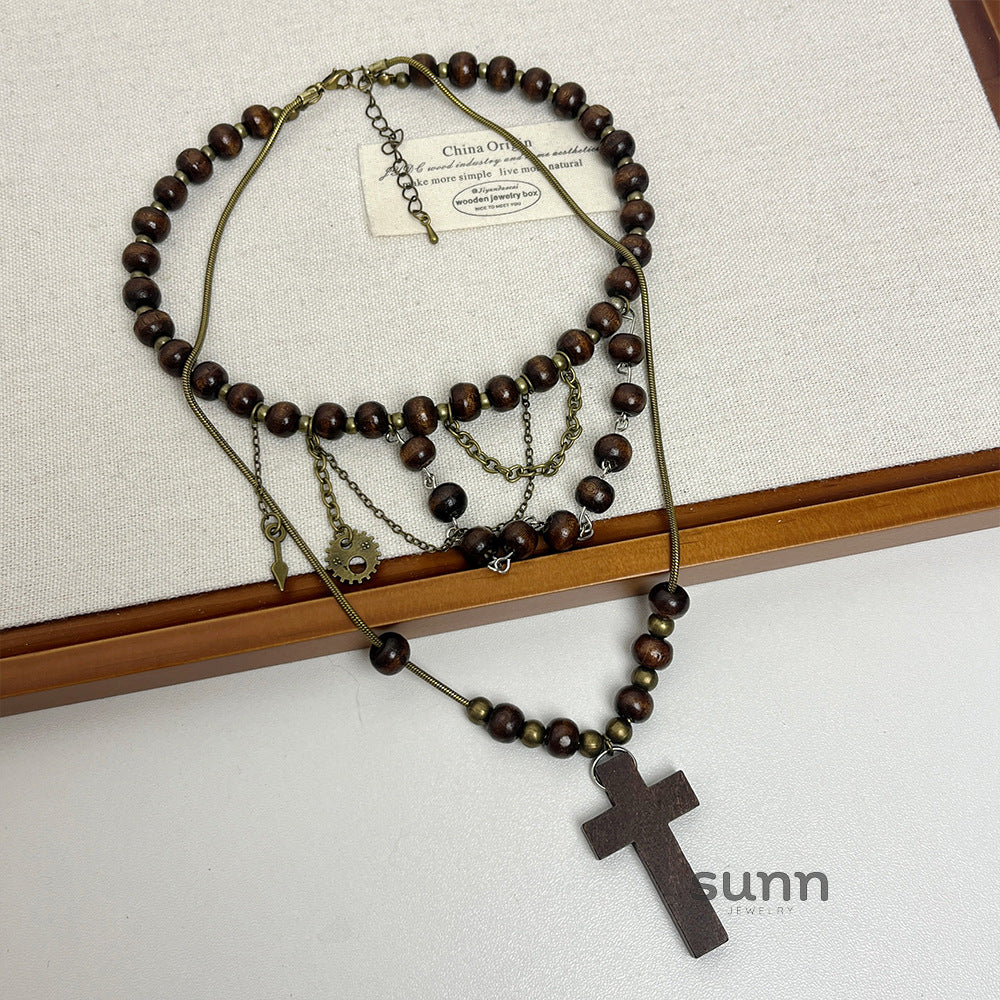 Karra Wood Bead Cross Necklace [7CLJY8OI]