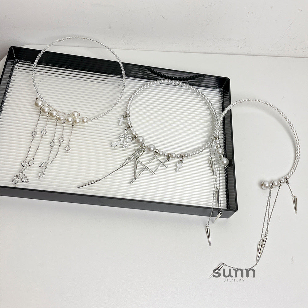 Kya Pearl Cross Tassel Choker [V87JCJVJ]