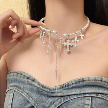 Kya Pearl Cross Tassel Choker [PMNRKTZ0]