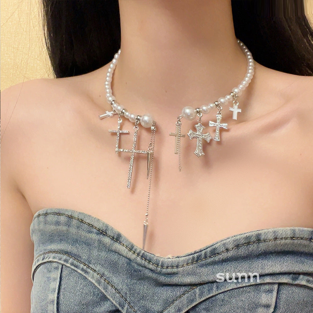 Kya Pearl Cross Tassel Choker [PMNRKTZ0]
