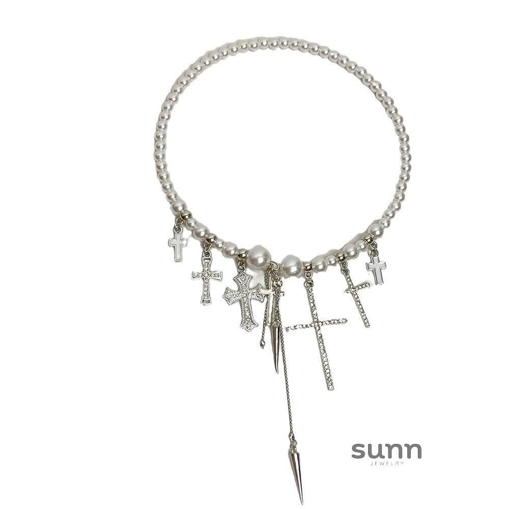 Kya Pearl Cross Tassel Choker [5X18PKHH]