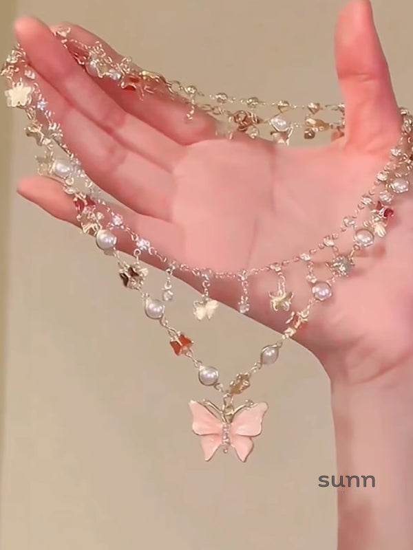 Kyndell Pink Butterfly Layered Necklace [JPNJXBTU]