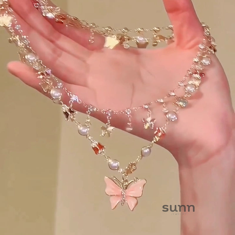 Kyndell Pink Butterfly Layered Necklace [YTCJ0CA5]