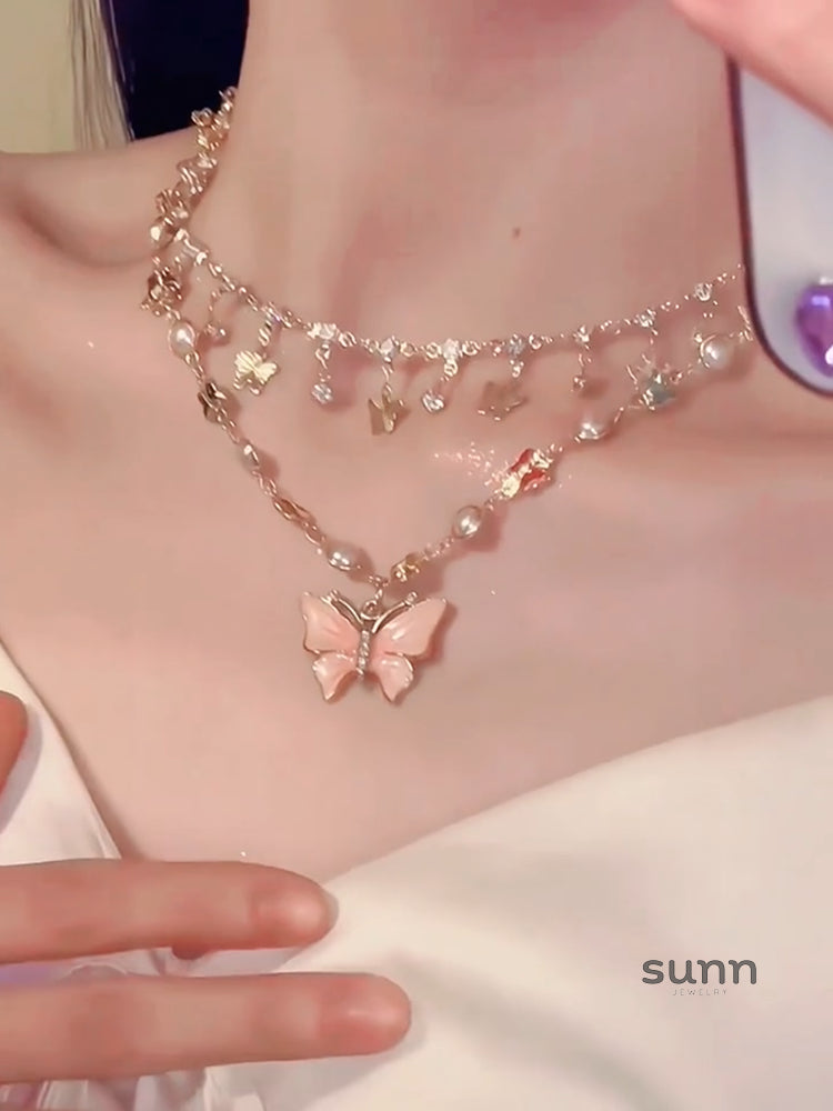 Kyndell Pink Butterfly Layered Necklace [MJ0HGLQP]