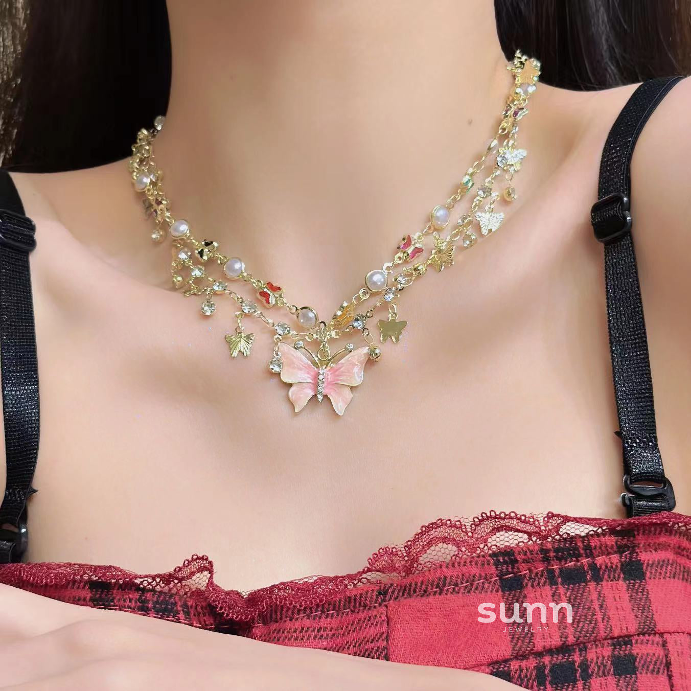 Kyndell Pink Butterfly Layered Necklace [RZG695DU]