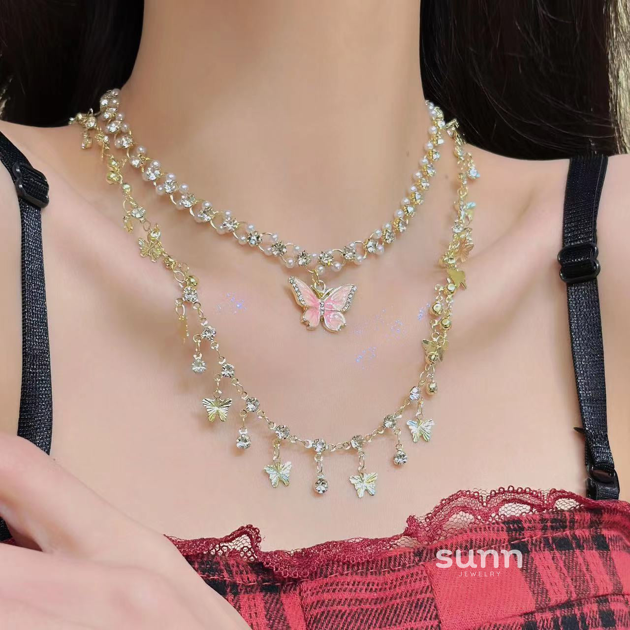Kyndell Pink Butterfly Layered Necklace [4W35T8UO]