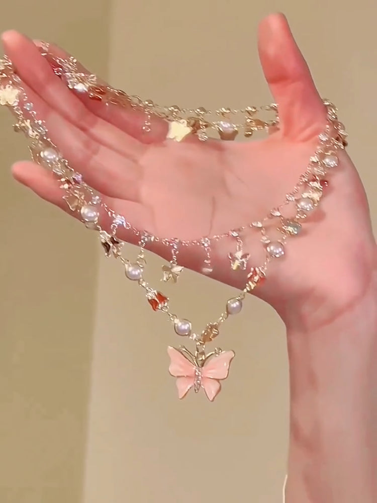 Kyndell Pink Butterfly Layered Necklace [MJ0HGLQP]