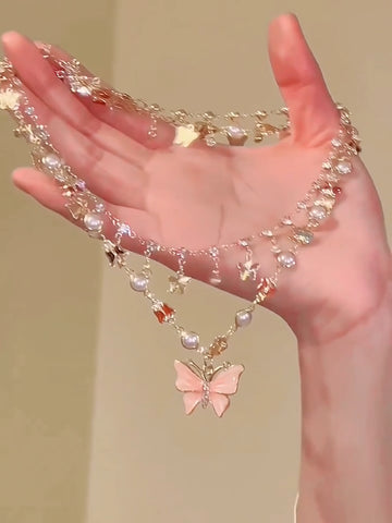 Kyndell Pink Butterfly Layered Necklace [MJ0HGLQP]