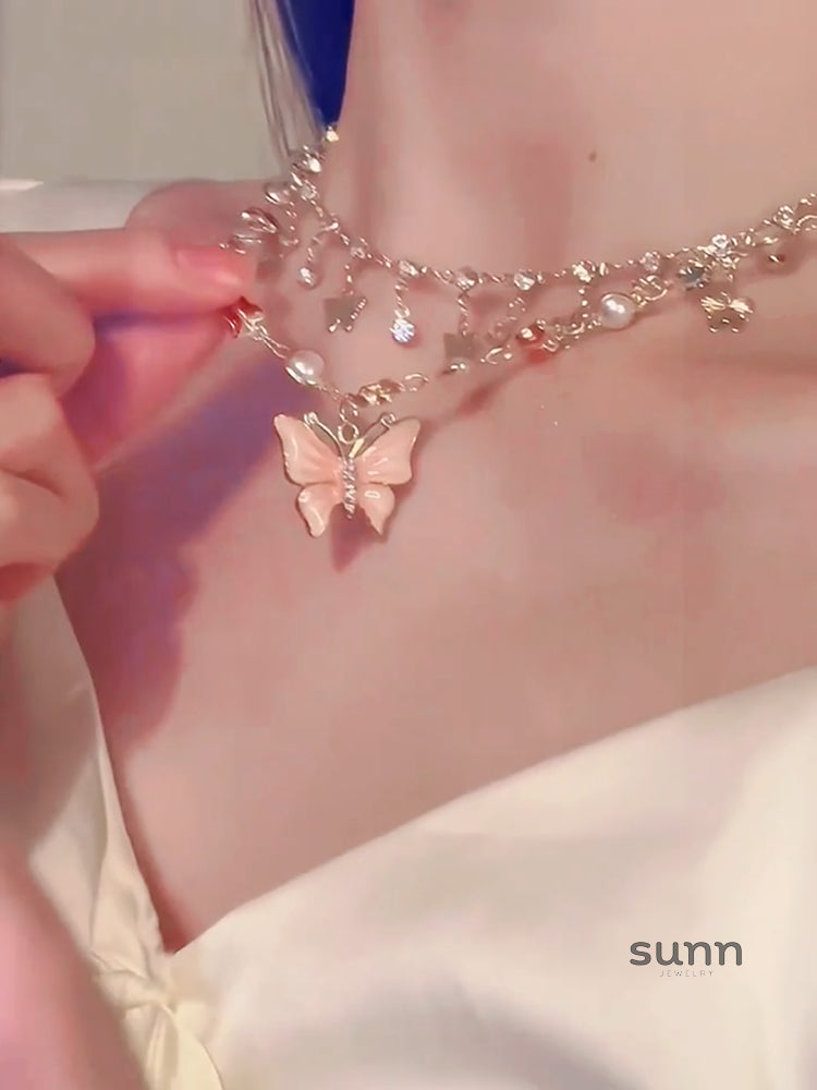 Kyndell Pink Butterfly Layered Necklace [S93ICT4R]