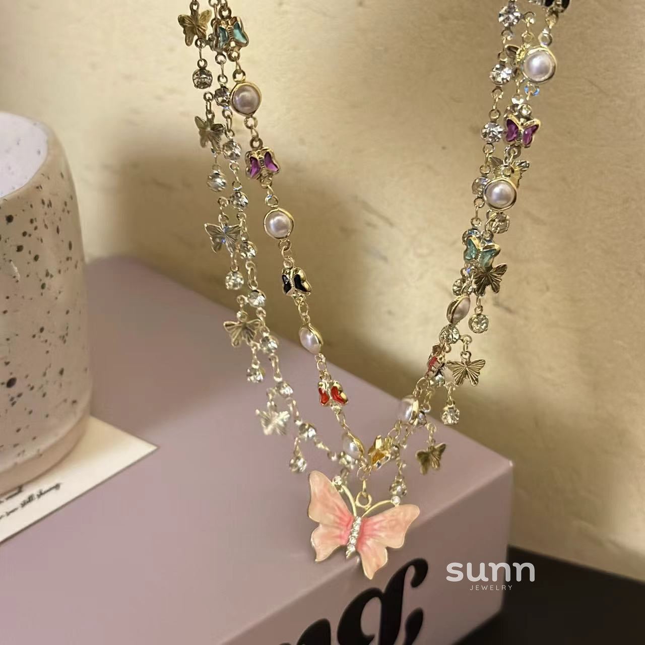 Kyndell Pink Butterfly Layered Necklace [VVNGV0LP]