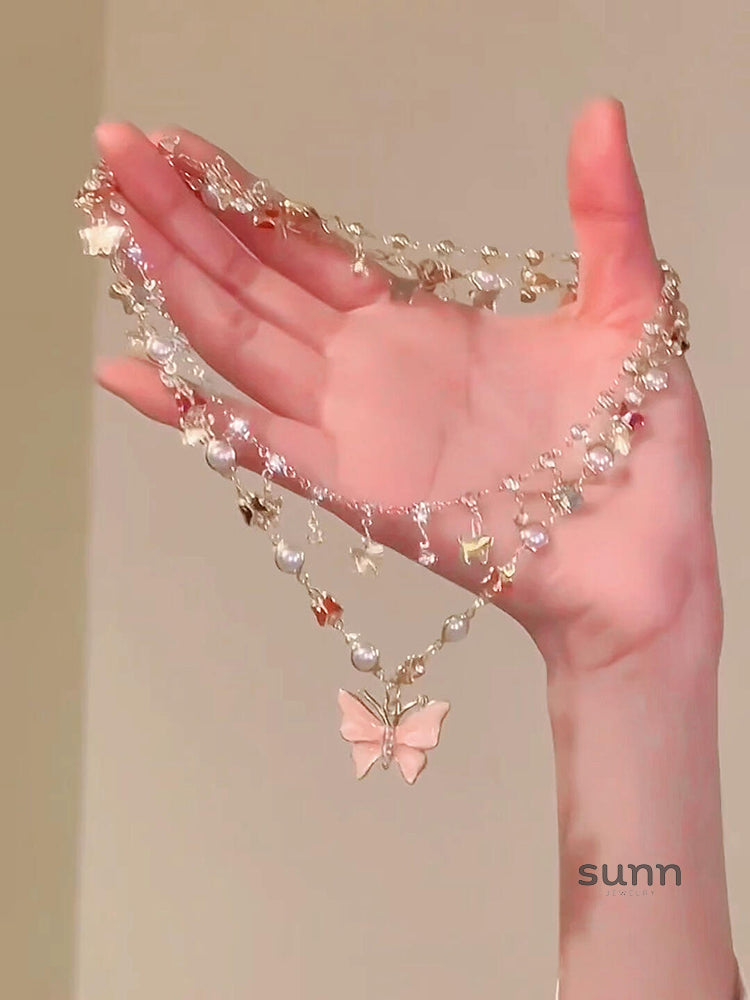 Kyndell Pink Butterfly Layered Necklace [4K1LMG0D]
