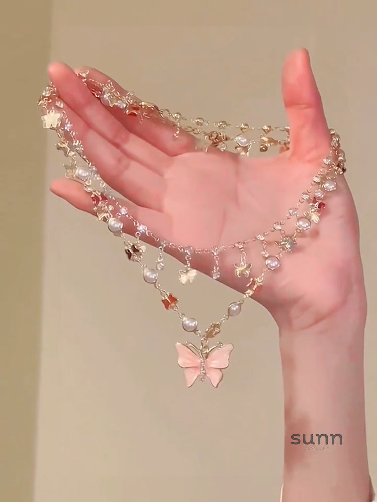 Kyndell Pink Butterfly Layered Necklace [EZ2Z9BW6]