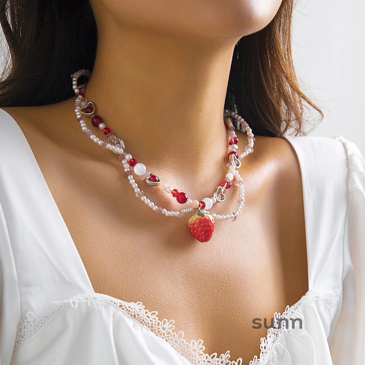 Kynslie Crystal Pearl Strawberry Necklace