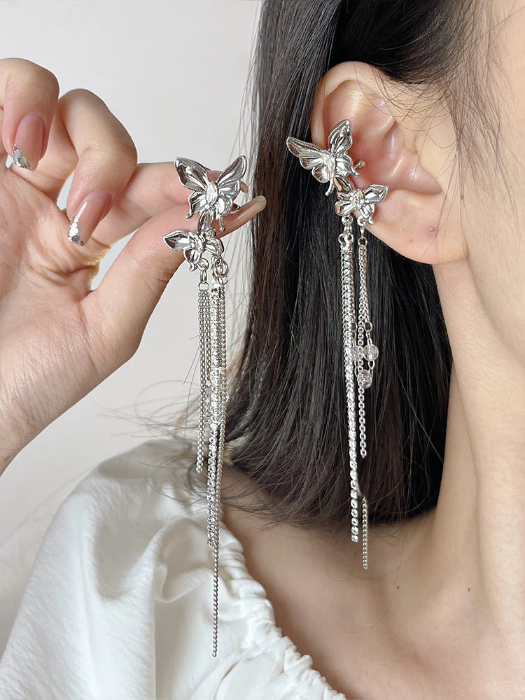 Lara Rhinestone Butterfly Tassel Ear Cuff
