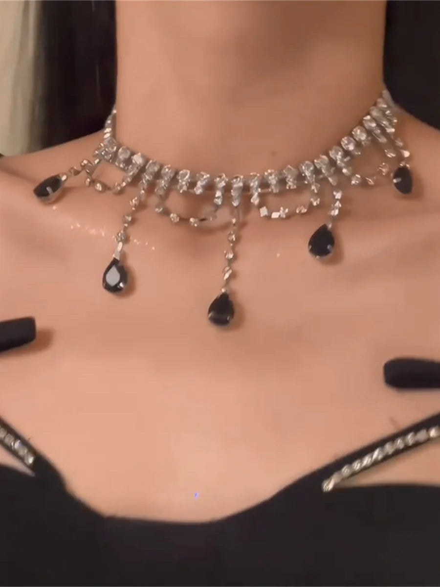 Lareen Black Crystal Tassel Necklace