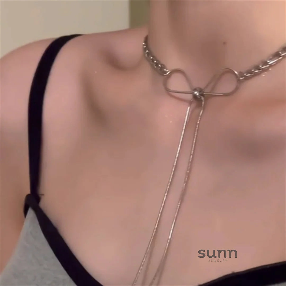 Leigha Silver Bow Tassel Necklace