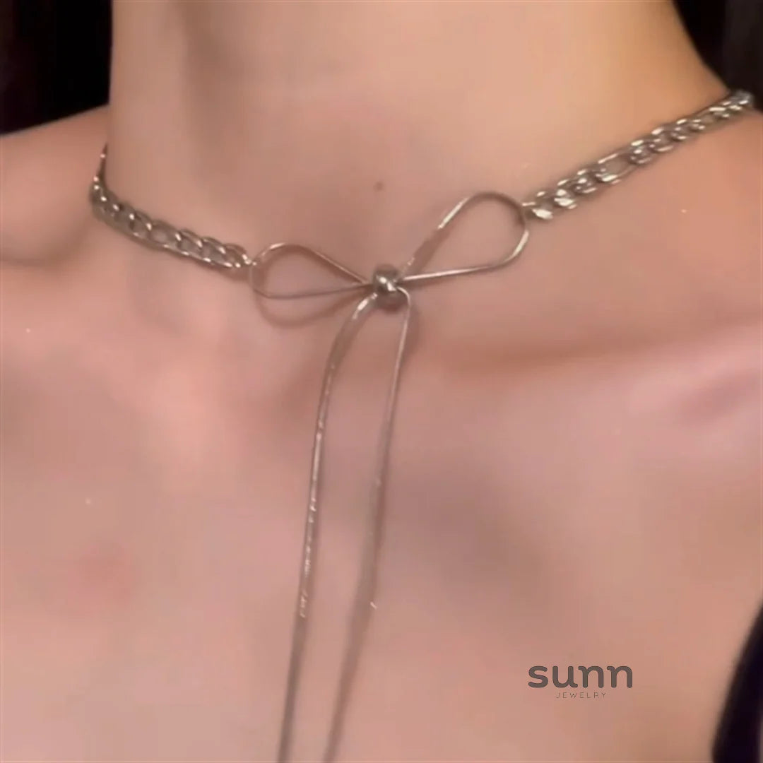 Leigha Silver Bow Tassel Necklace