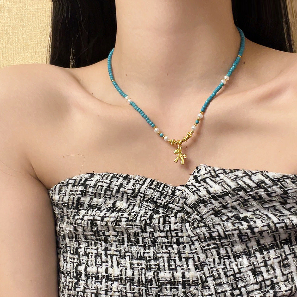 Leighann Turquoise Pearl Pony Necklace [E6FGSM09]
