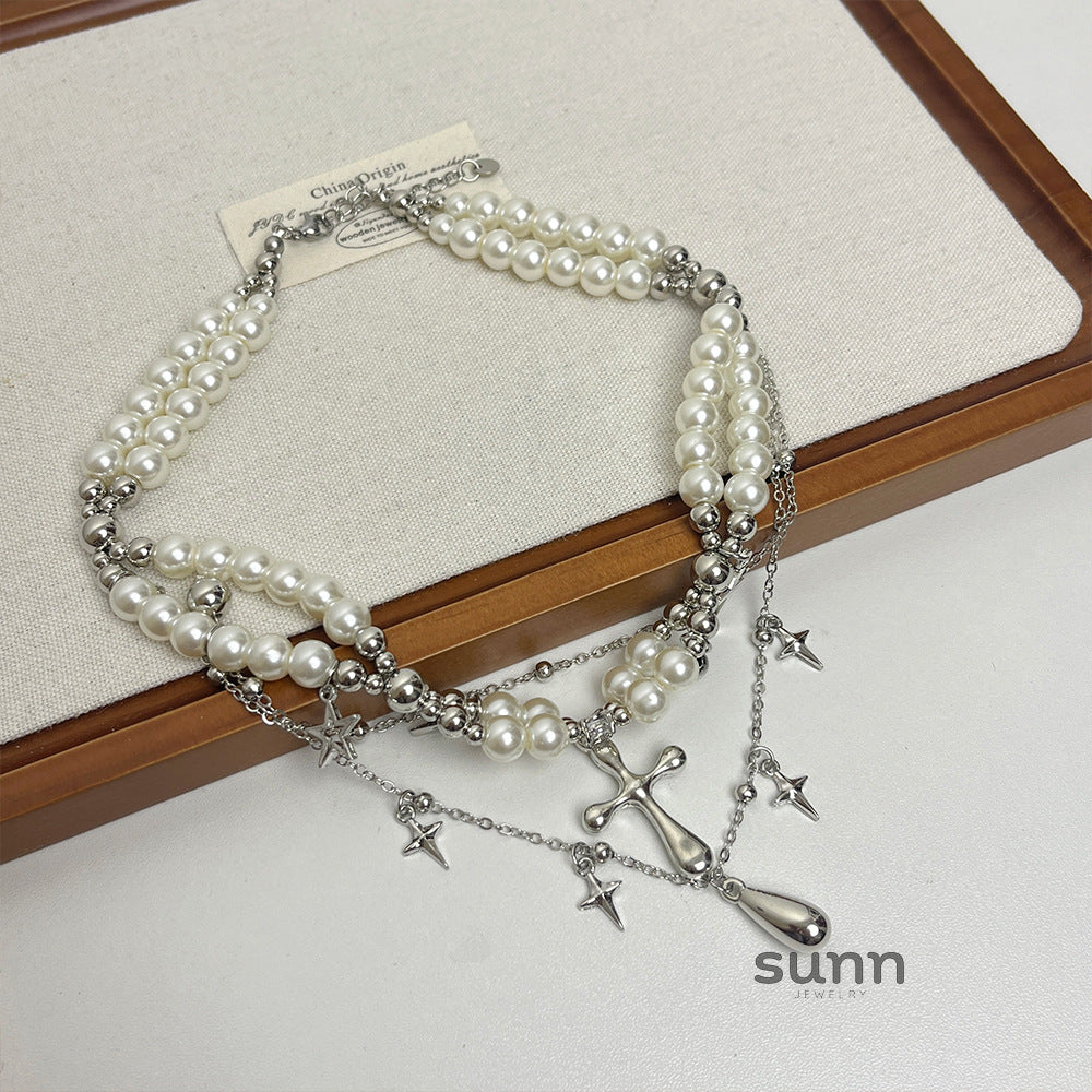 Leilani Layered Cross Pearl Choker [YBLUO472]