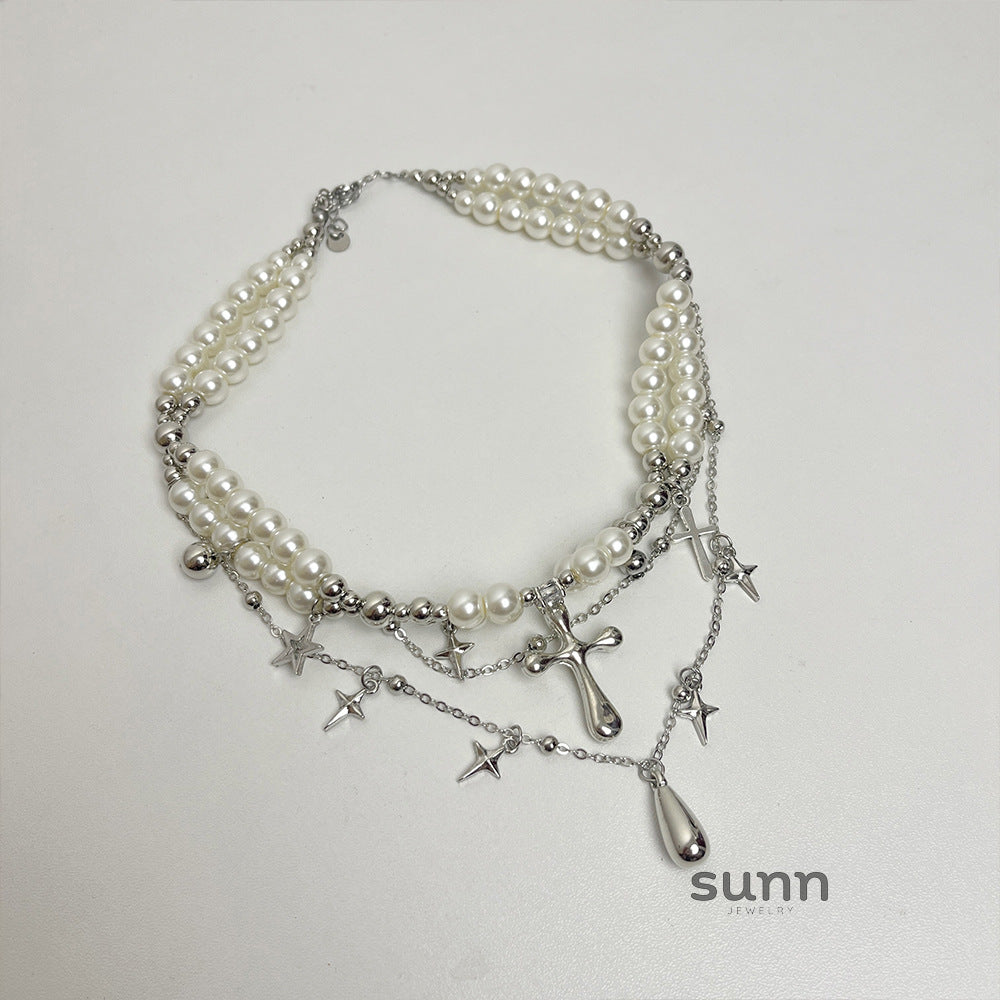 Leilani Layered Cross Pearl Choker [E6RQNZBK]