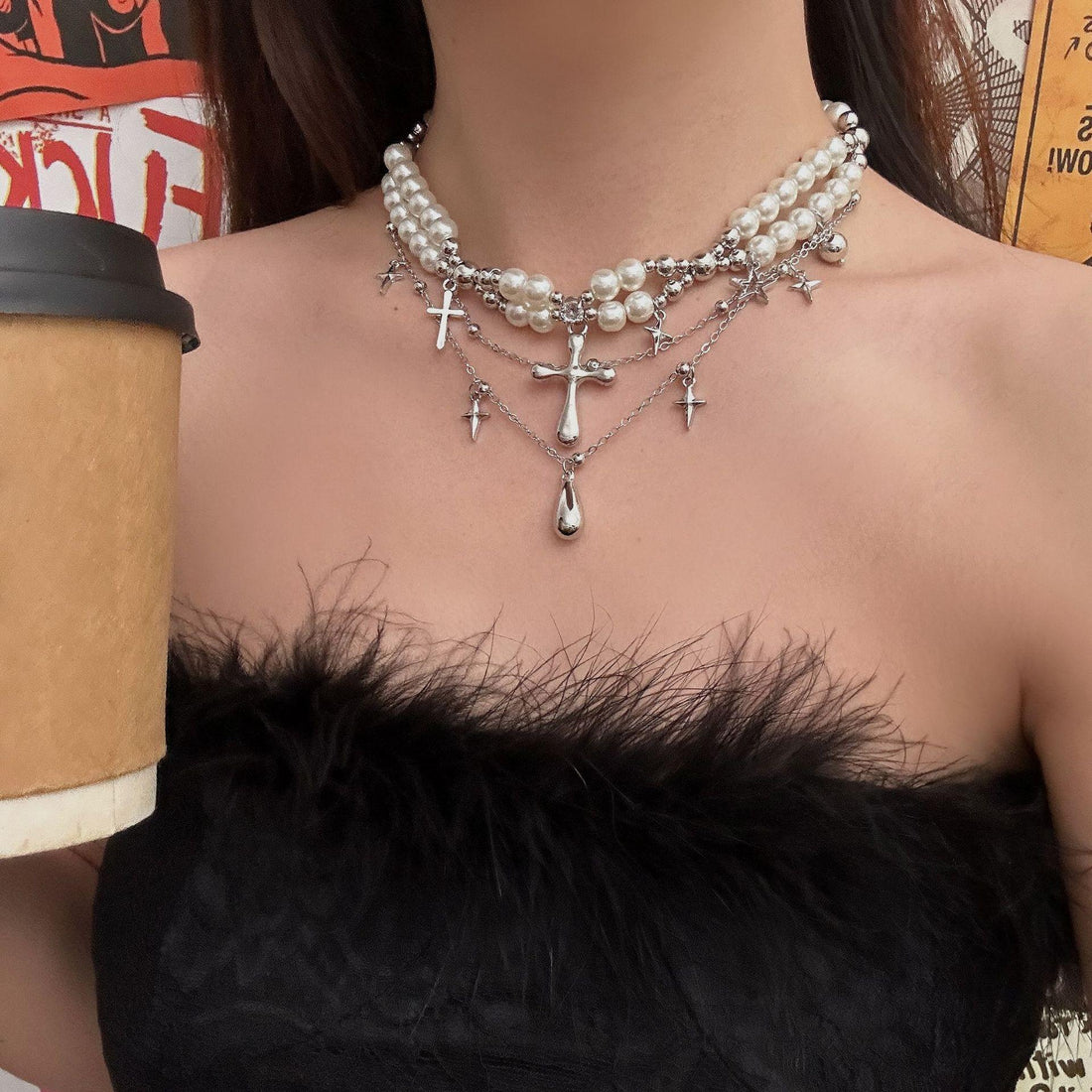 Leilani Layered Cross Pearl Choker [SY1NCSIG]