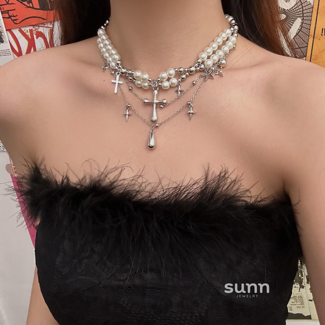 Leilani Layered Cross Pearl Choker [SY1NCSIG]