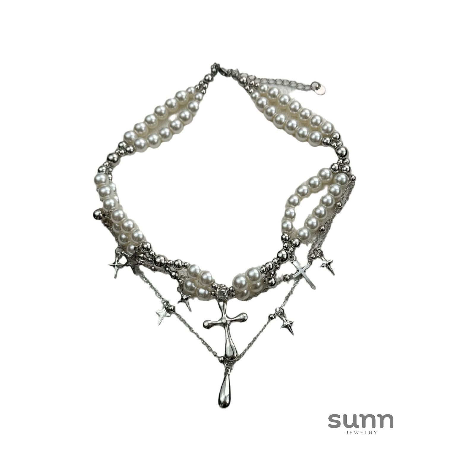 Leilani Layered Cross Pearl Choker [TD42VB6X]