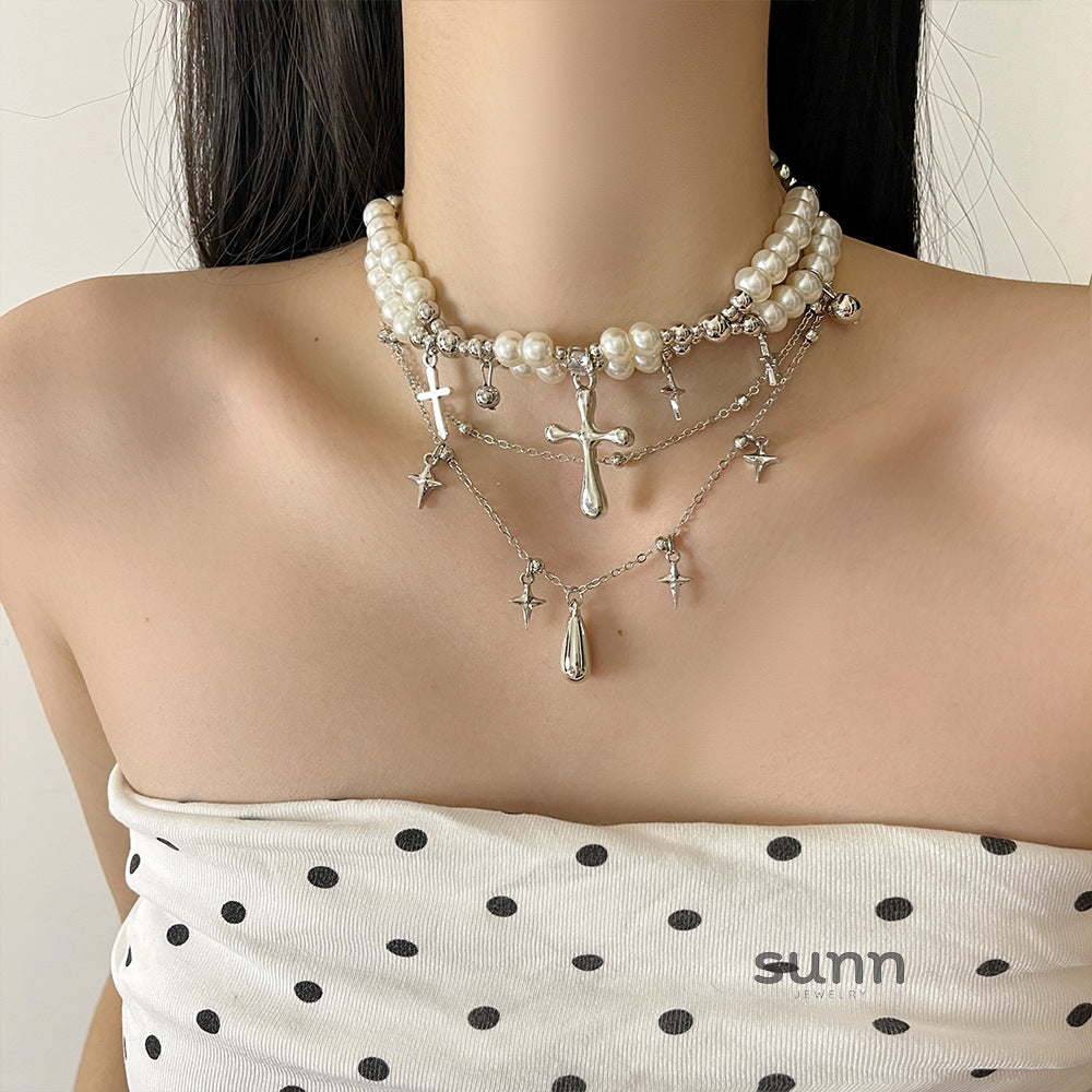 Leilani Layered Cross Pearl Choker [HWVOBY0Q]
