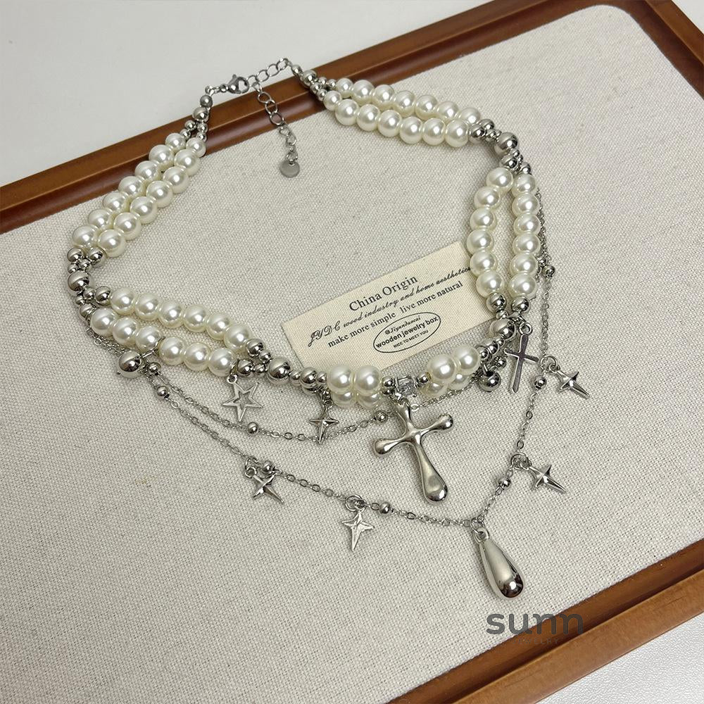 Leilani Layered Cross Pearl Choker [6ITRZVDE]