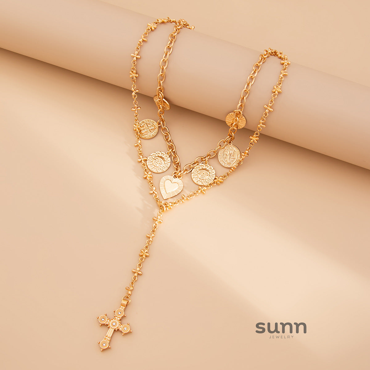 Leni Layered Cross Heart Necklace [5FY91ECR]