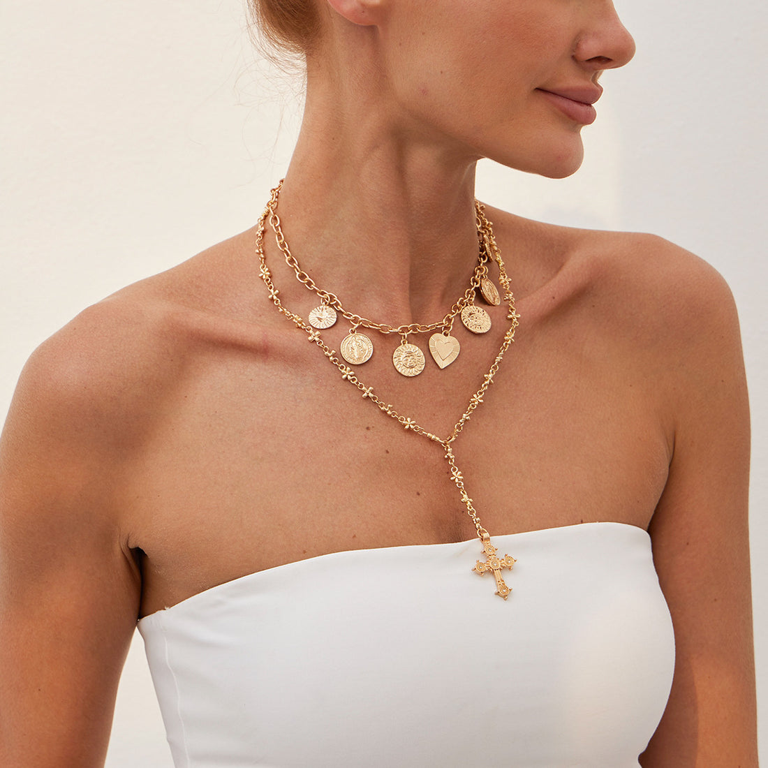 Leni Layered Cross Heart Necklace [QOJ3CWDT]