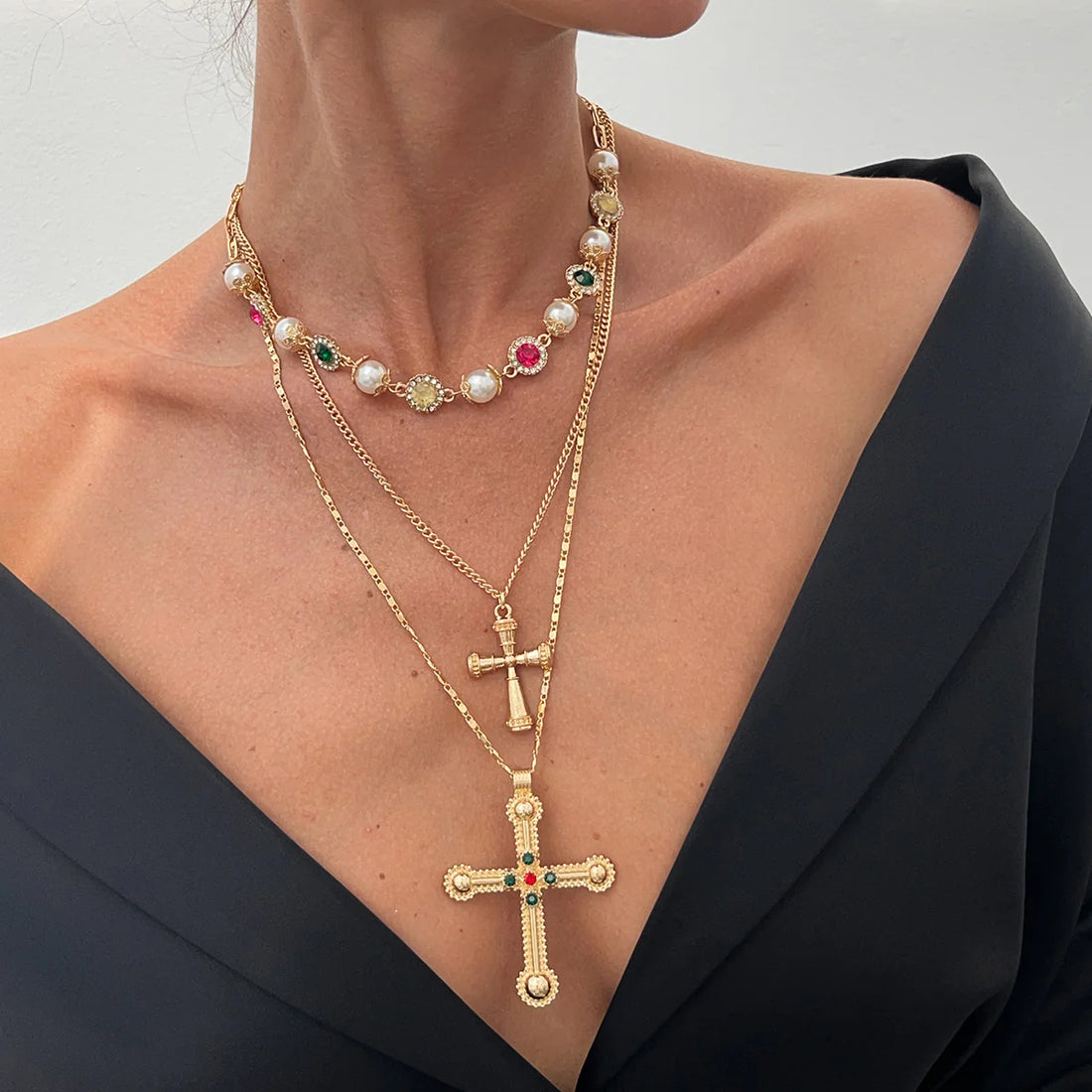 Mahi Rhinestone Cross Necklace Set