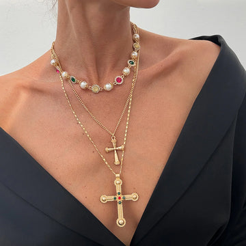 Mahi Rhinestone Cross Necklace Set