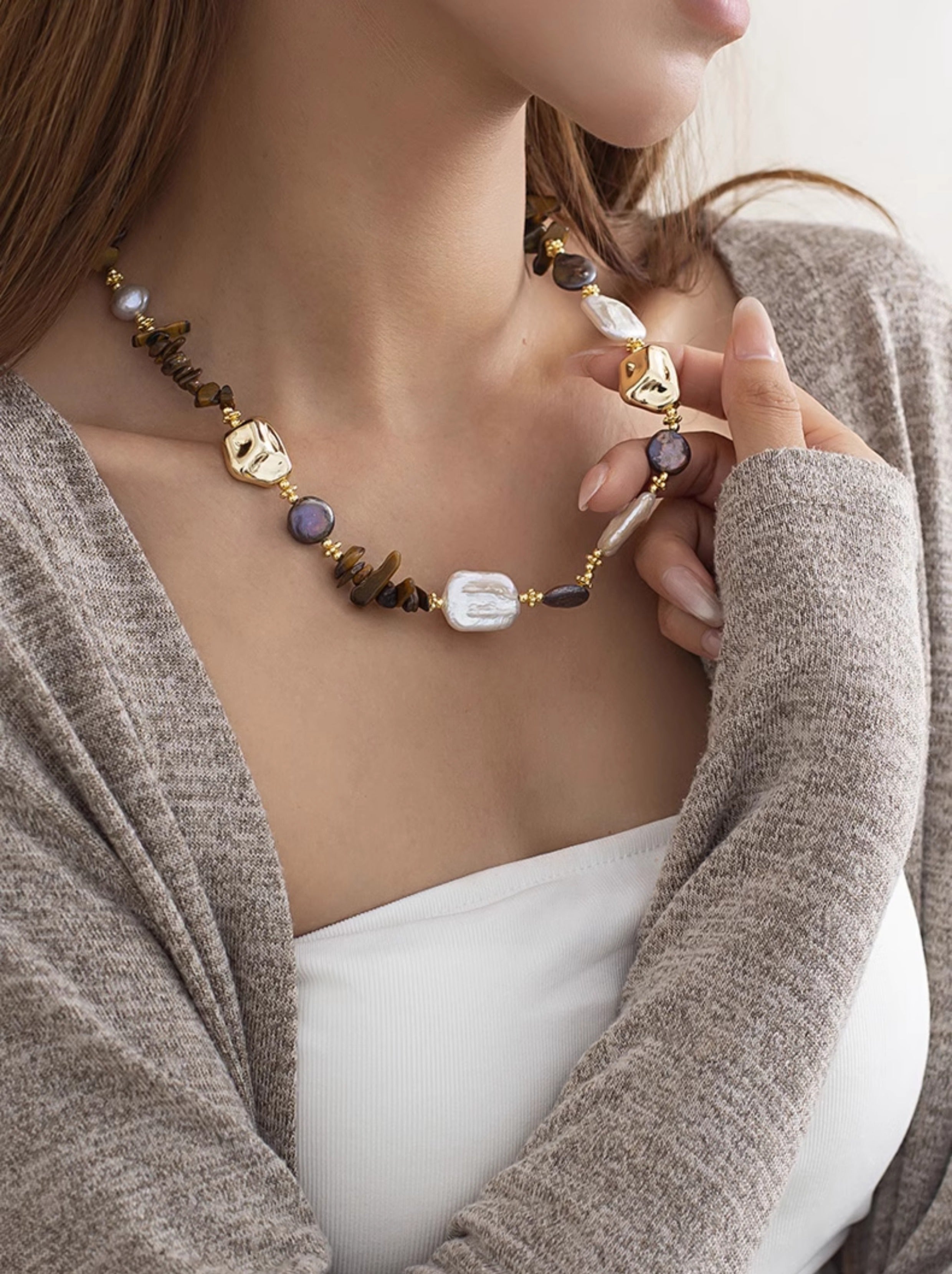Mahina Baroque Pearl Tiger Eye Necklace [3RK3O29N]