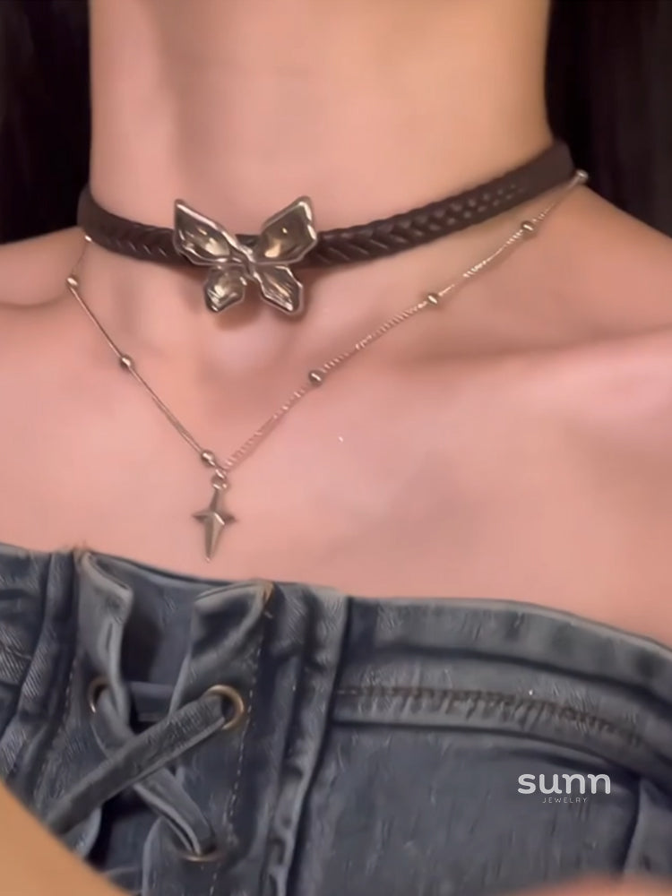 Meadow Leather Butterfly Layered Choker [WLTA4OA5]