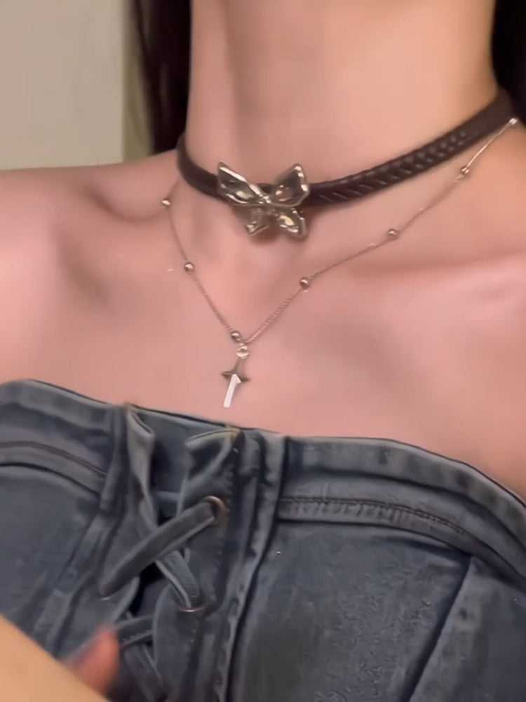 Meadow Leather Butterfly Layered Choker [QOKHSU3R]