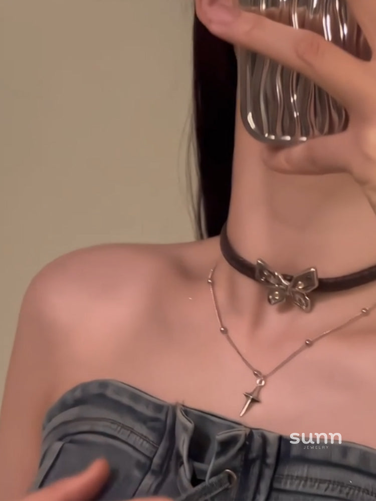 Meadow Leather Butterfly Layered Choker [23LA73ES]