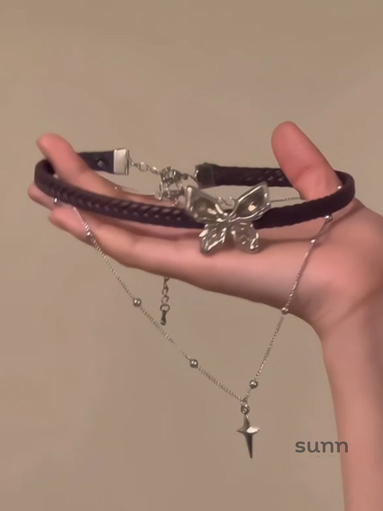 Meadow Leather Butterfly Layered Choker [NEF6PMBQ]