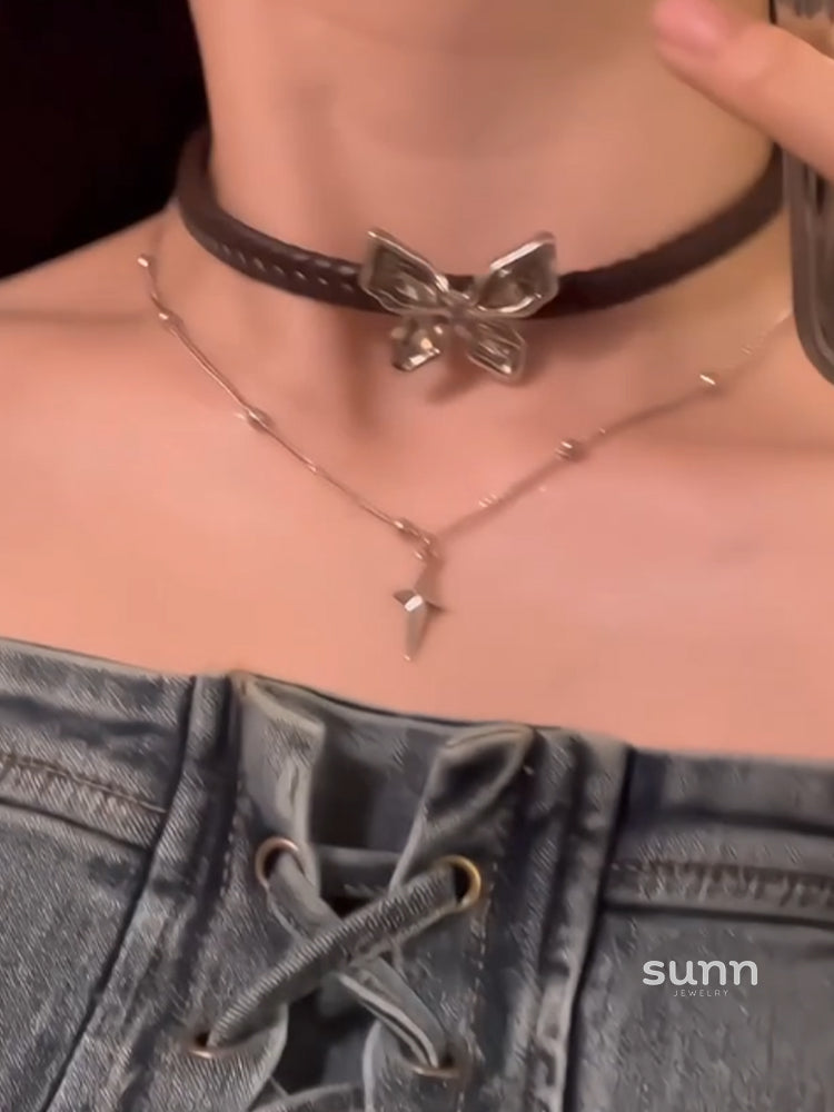 Meadow Leather Butterfly Layered Choker [QOKHSU3R]