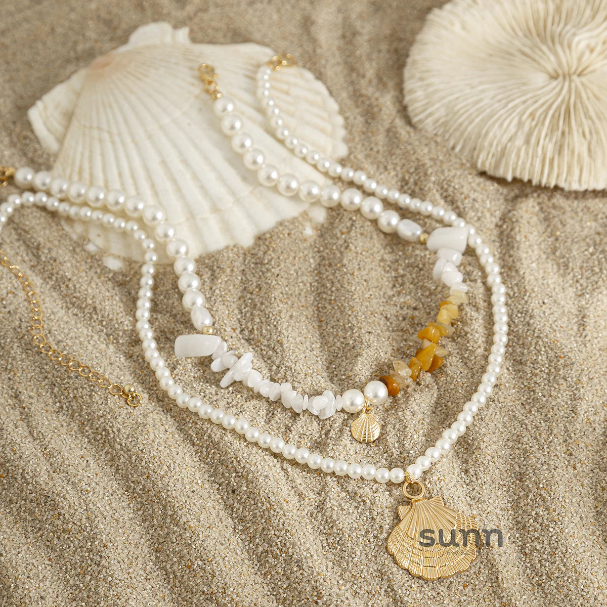 Mildred Layered Shell Pearl Necklace Set