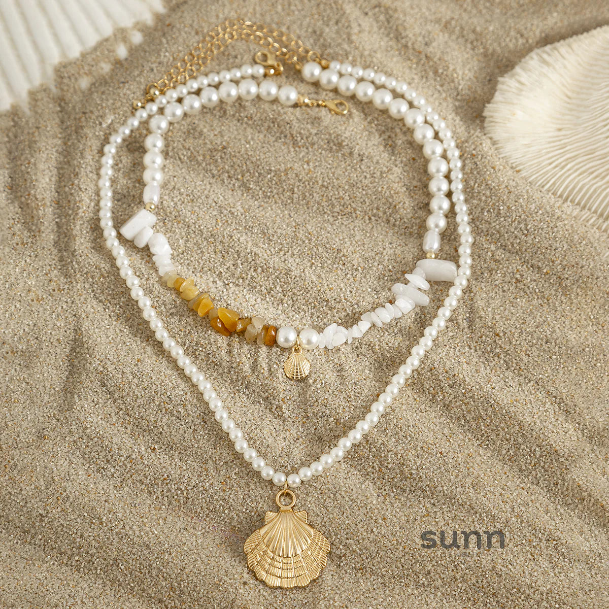 Mildred Layered Shell Pearl Necklace Set